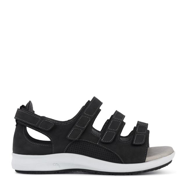 Sandal for women with adjustable velcro straps and half-open heel cap