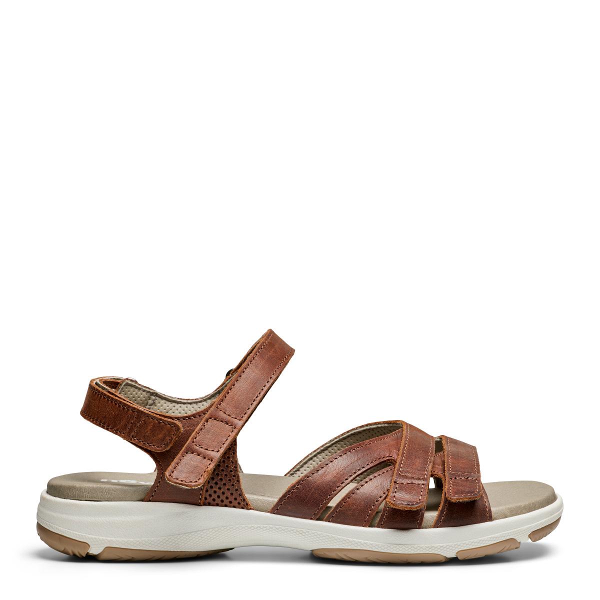 Women's sandal with an adjustable heel strap and three Velcro straps across the foot