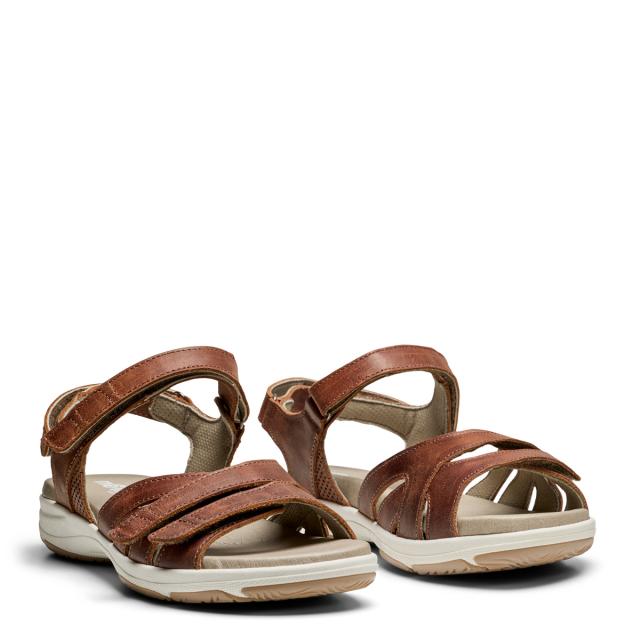 Women's sandal with an adjustable heel strap and three Velcro straps across the foot