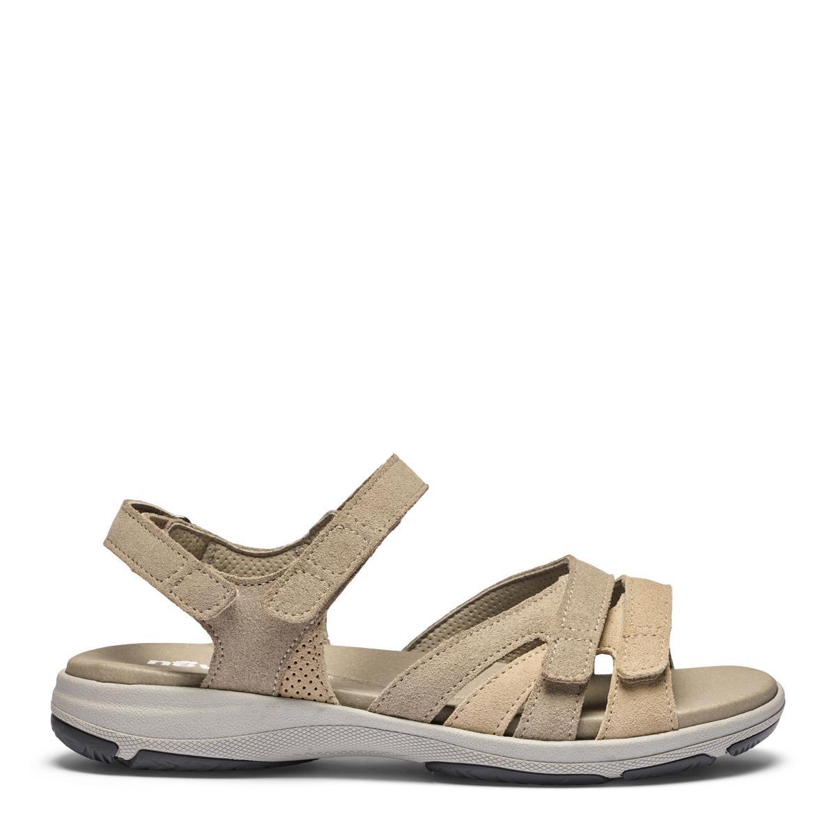 Women's sandal with an adjustable heel strap and three Velcro straps across the foot