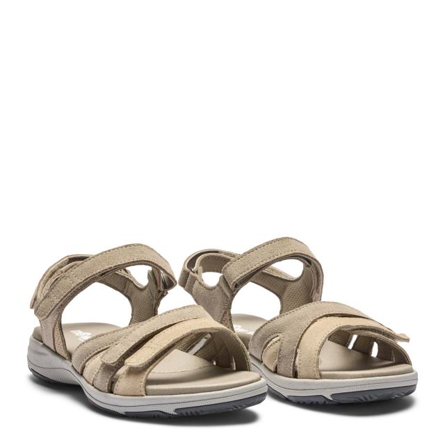 Women's sandal with an adjustable heel strap and three Velcro straps across the foot