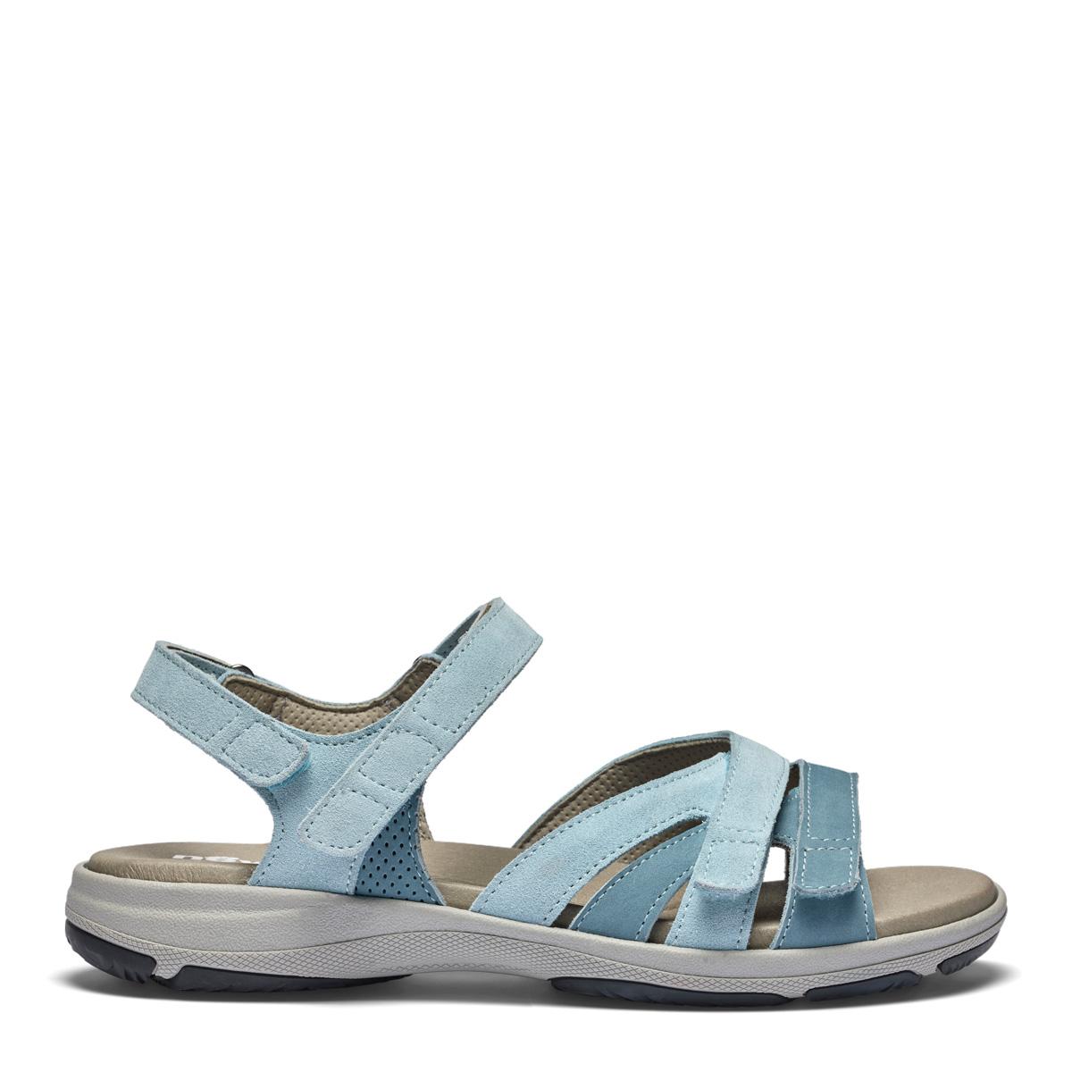 Women's sandal with an adjustable heel strap and three Velcro straps across the foot