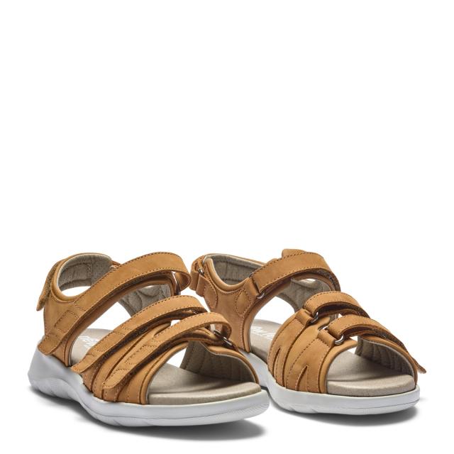 Sandal with three adjustable straps across the foot and one adjustable heel strap