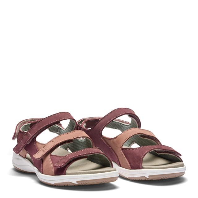 Women's sandal with an adjustable heel strap and three Velcro straps across the foot