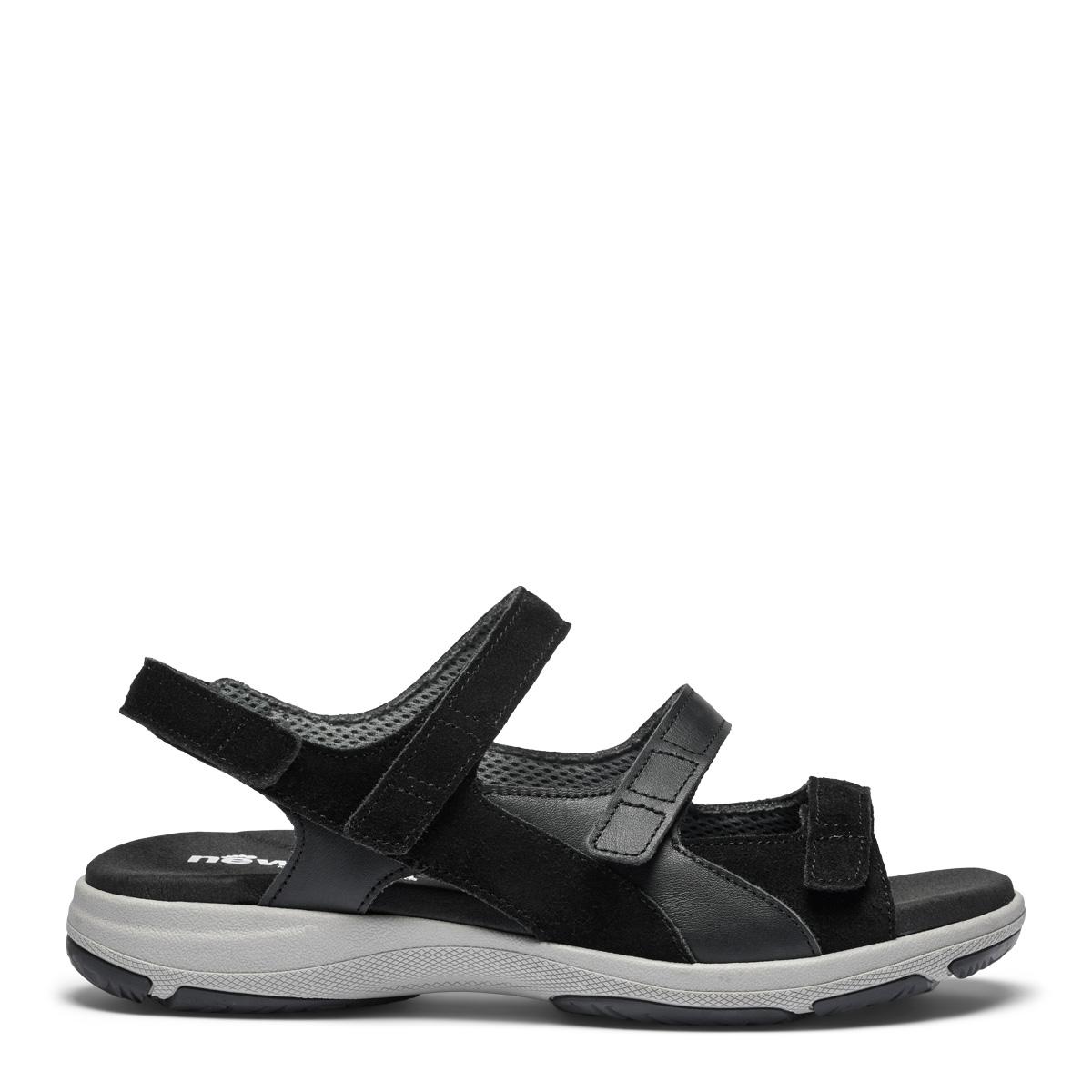 Women's sandal with an adjustable heel strap and three Velcro straps across the foot
