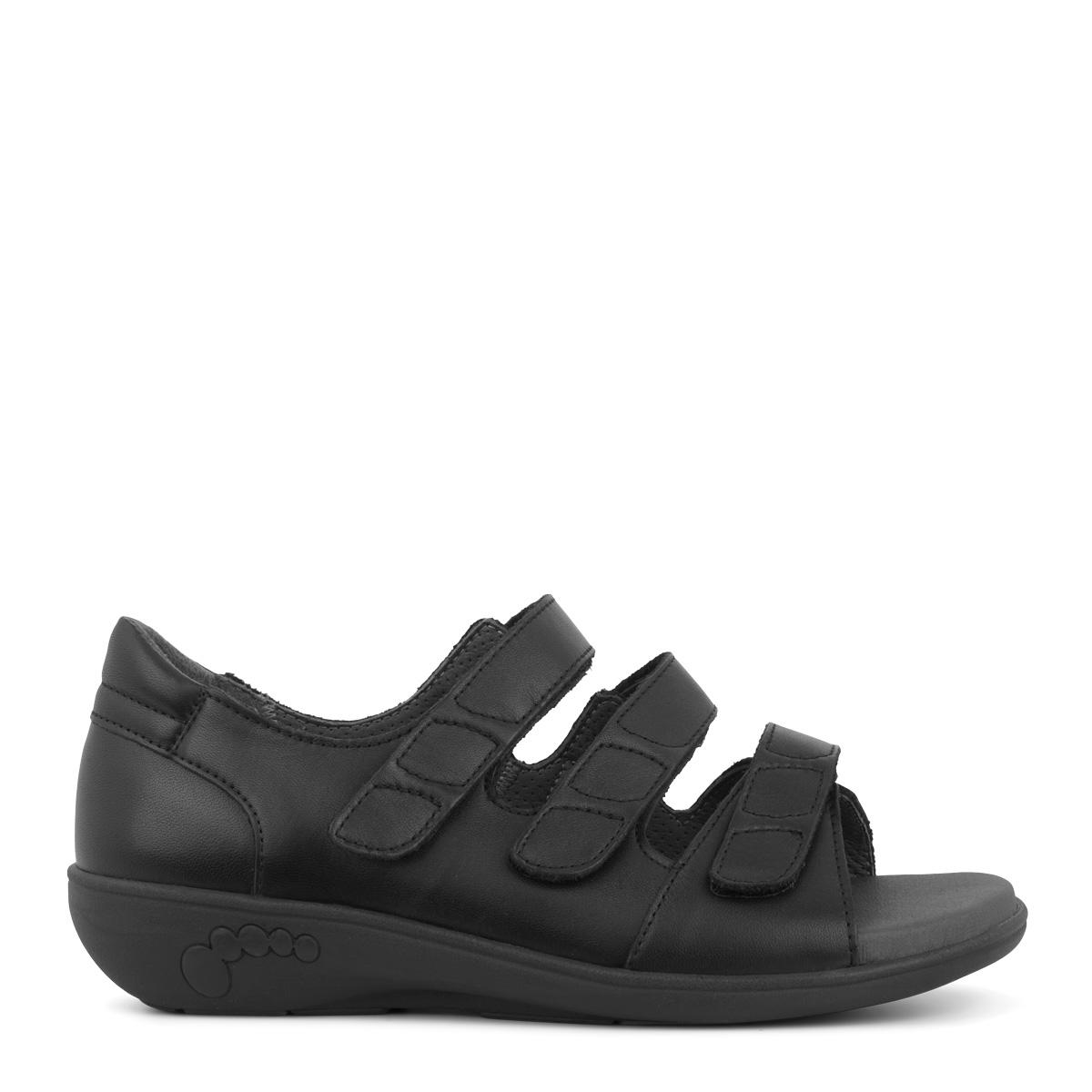 Women's sandal with three adjustable velcro straps and heel cap